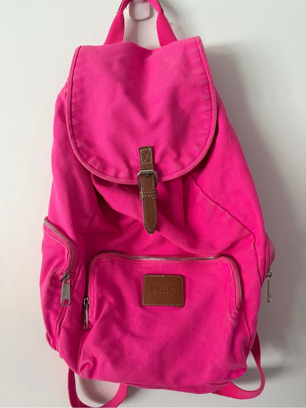PINK Victoria's Secret Bright Pink Canvas Backpack with Brown Trim